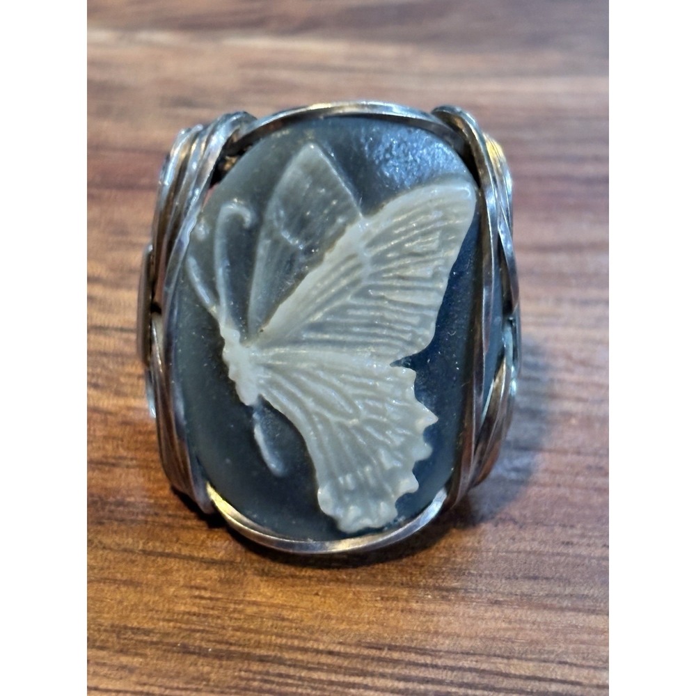 Butterfly Cameo Ring Sterling Silver Gray Fine Jewelry Size 6.75